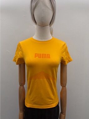 Puma Sport T-Shirt Yellow Logo Women’s Size S Athletic Stretch